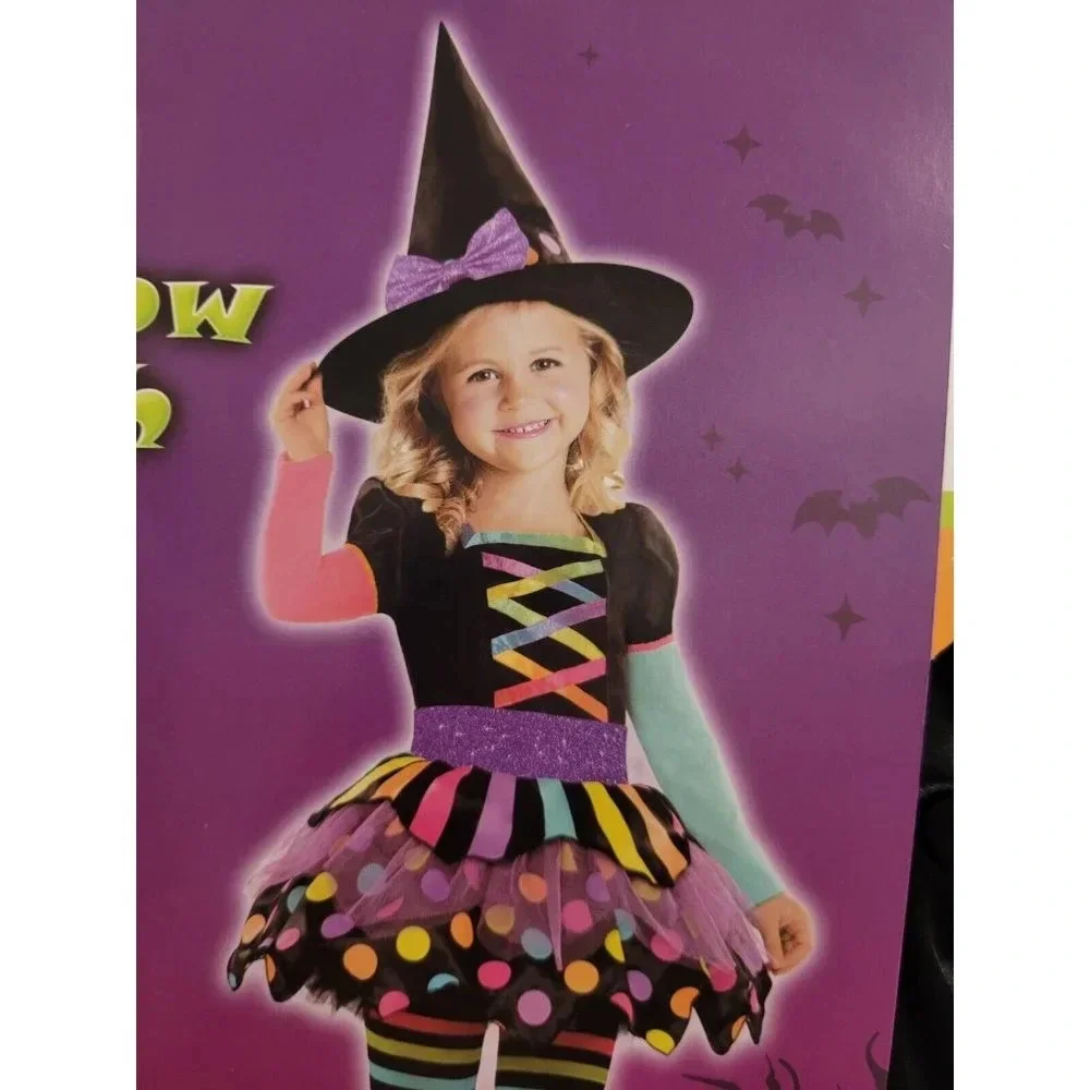 GIRLS 2T 3 PIECE -RAINBOW WITCH HALLOWEEN COSTUME- INCLUDES DRESS HAT TIGHTS NEW